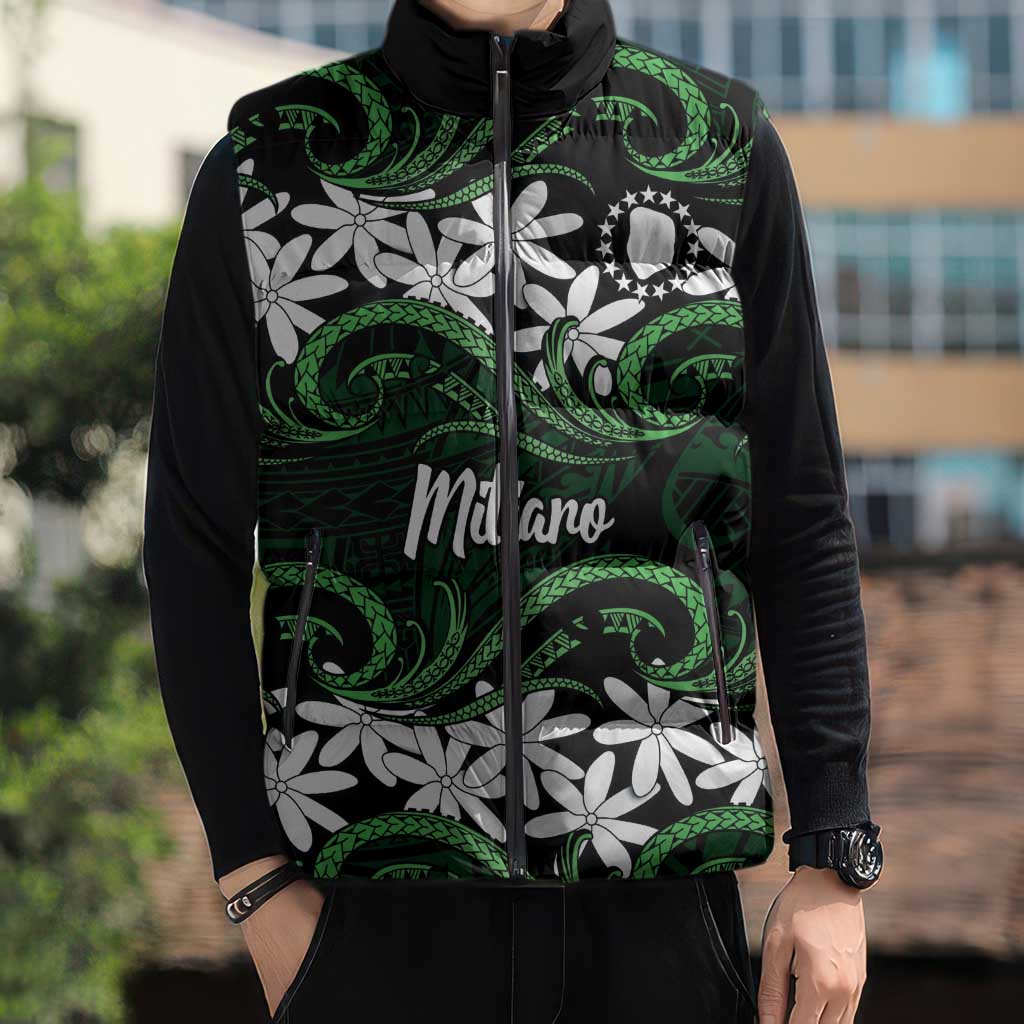 Personalised Cook Islands Mitiaro Sleeveless Puffer Jacket Tiare Maori Polynesian Waves Tattoo