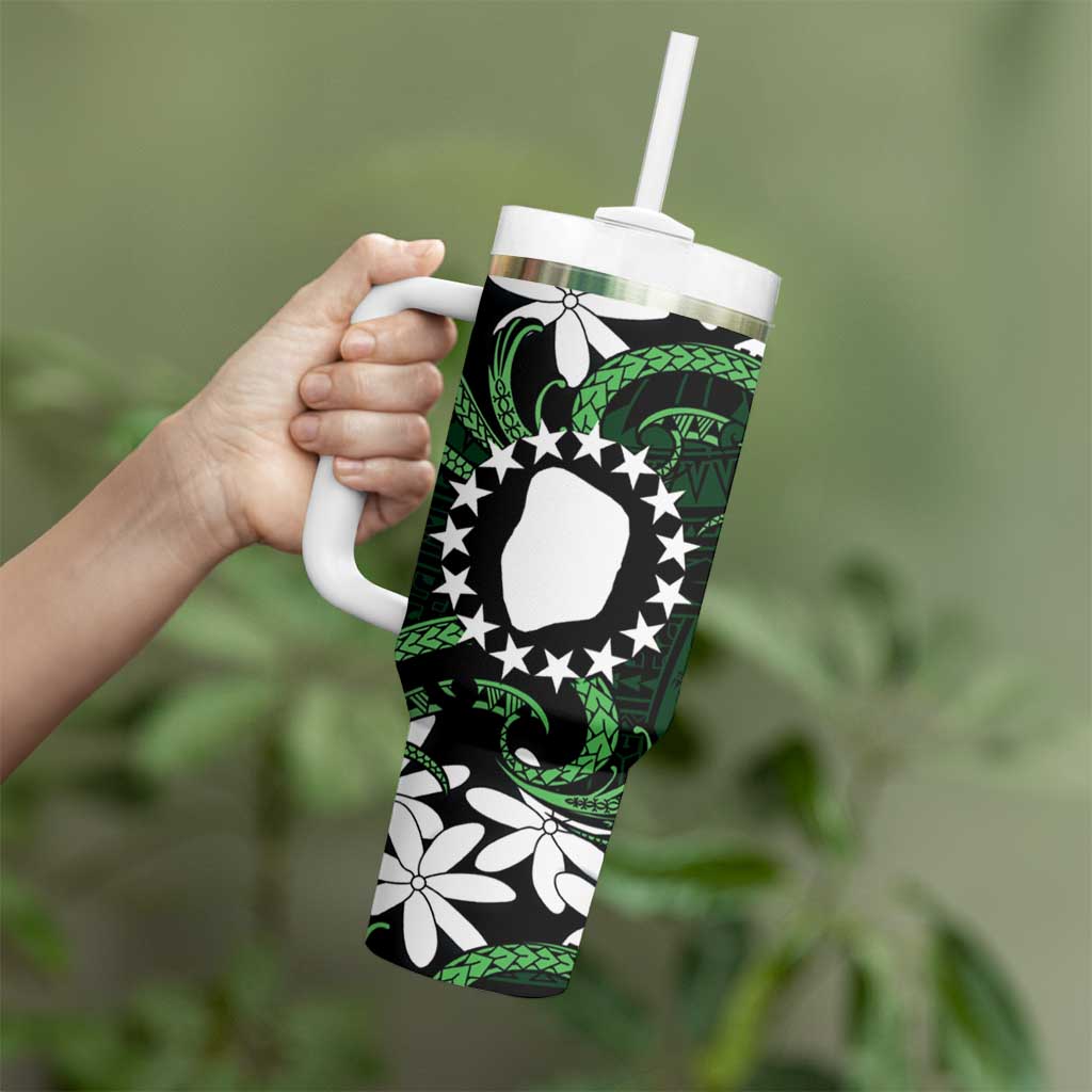 Personalised Cook Islands Mitiaro Tumbler With Handle Tiare Maori Polynesian Waves Tattoo