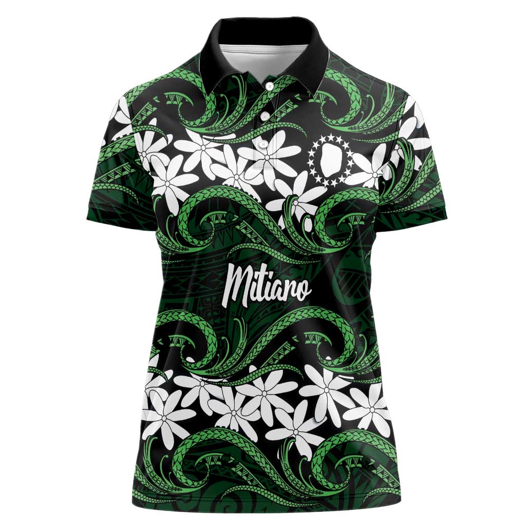 Personalised Cook Islands Mitiaro Women Polo Shirt Tiare Maori Polynesian Waves Tattoo
