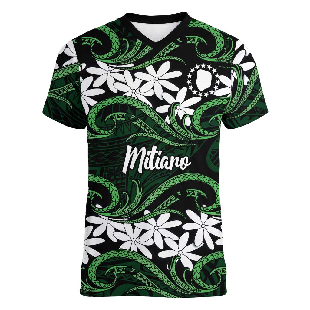 Personalised Cook Islands Mitiaro Women V-Neck T-Shirt Tiare Maori Polynesian Waves Tattoo