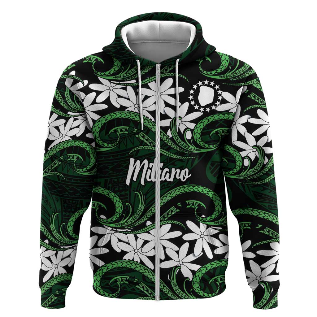 Personalised Cook Islands Mitiaro Zip Hoodie Tiare Maori Polynesian Waves Tattoo