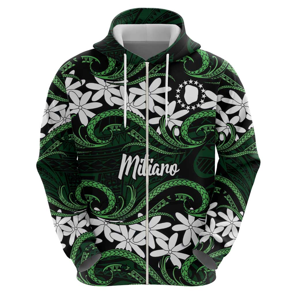 Personalised Cook Islands Mitiaro Zip Hoodie Tiare Maori Polynesian Waves Tattoo