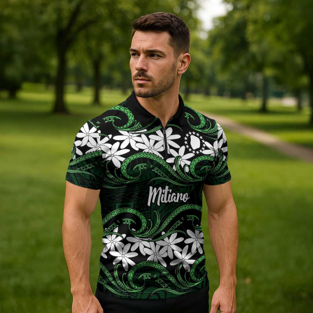 Personalised Cook Islands Mitiaro Zipper Polo Shirt Tiare Maori Polynesian Waves Tattoo