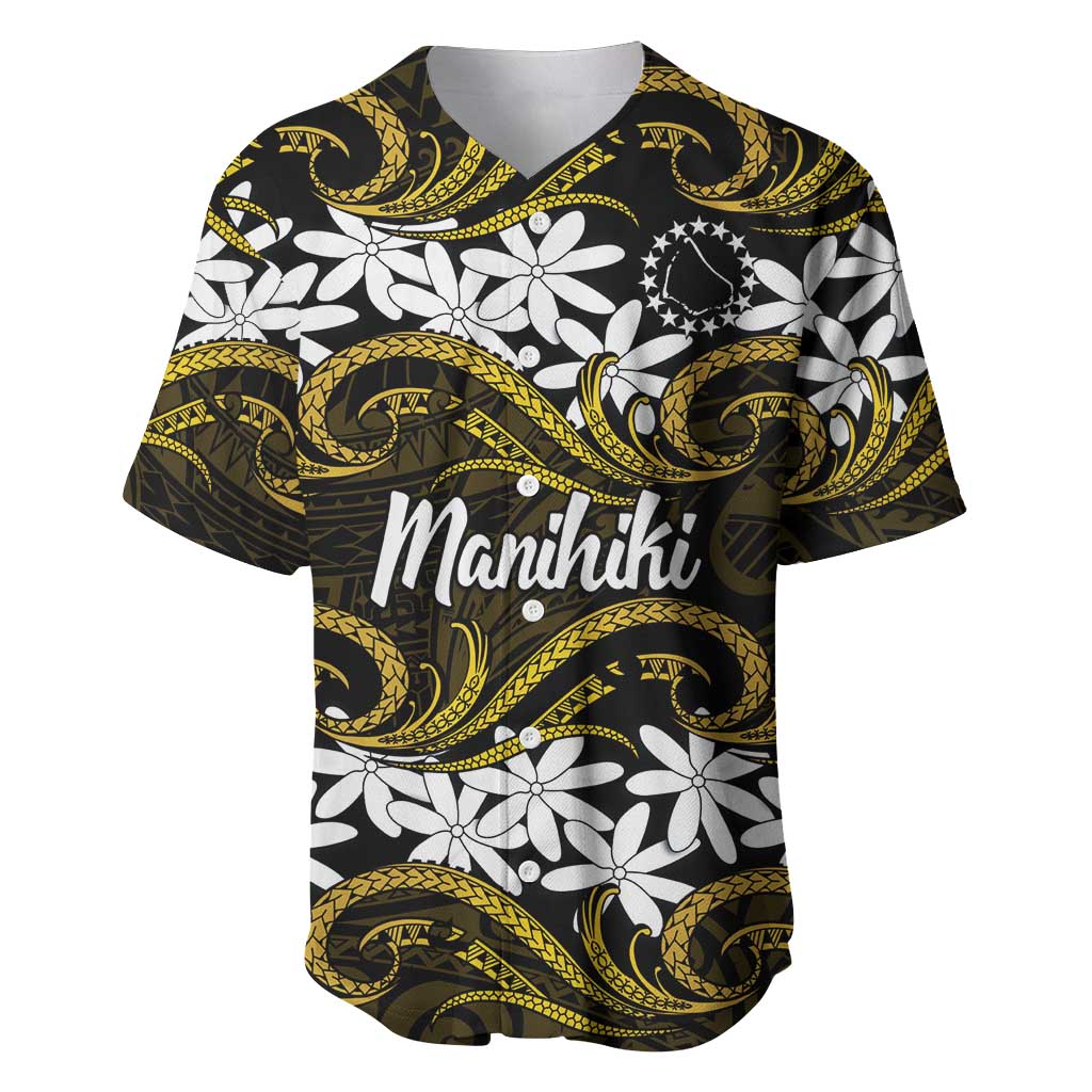 Personalised Cook Islands Manihiki Baseball Jersey Tiare Maori Polynesian Waves Tattoo