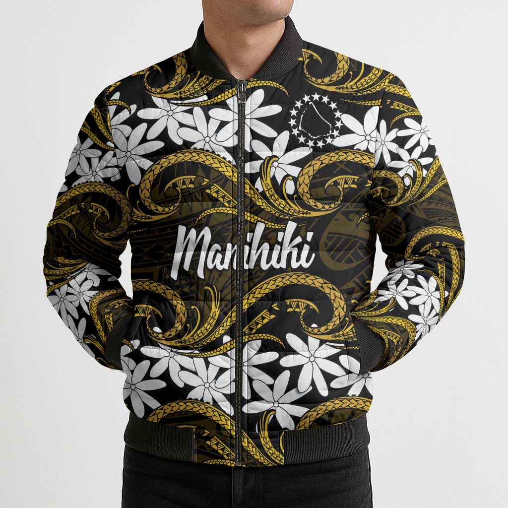 Personalised Cook Islands Manihiki Bomber Puffer Jacket Tiare Maori Polynesian Waves Tattoo