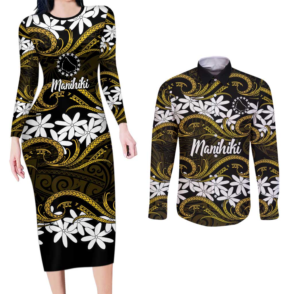 Personalised Cook Islands Manihiki Couples Matching Long Sleeve Bodycon Dress and Long Sleeve Button Shirt Tiare Maori Polynesian Waves Tattoo