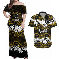 Personalised Cook Islands Manihiki Couples Matching Off Shoulder Maxi Dress and Hawaiian Shirt Tiare Maori Polynesian Waves Tattoo