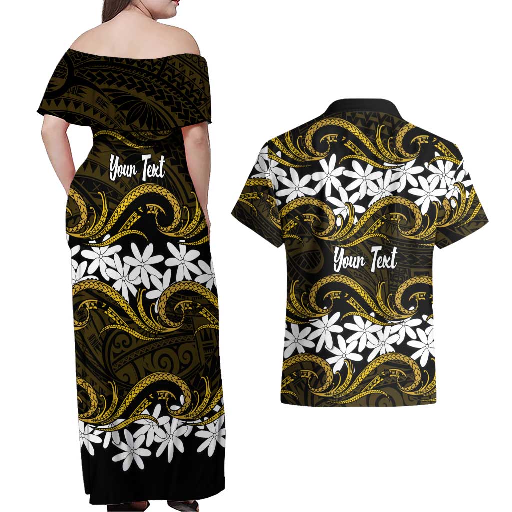 Personalised Cook Islands Manihiki Couples Matching Off Shoulder Maxi Dress and Hawaiian Shirt Tiare Maori Polynesian Waves Tattoo