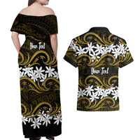Personalised Cook Islands Manihiki Couples Matching Off Shoulder Maxi Dress and Hawaiian Shirt Tiare Maori Polynesian Waves Tattoo