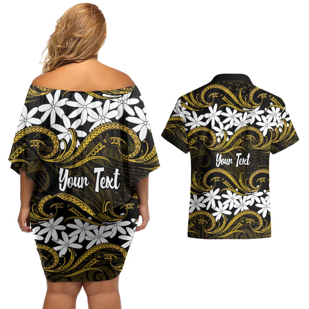 Personalised Cook Islands Manihiki Couples Matching Off Shoulder Short Dress and Hawaiian Shirt Tiare Maori Polynesian Waves Tattoo