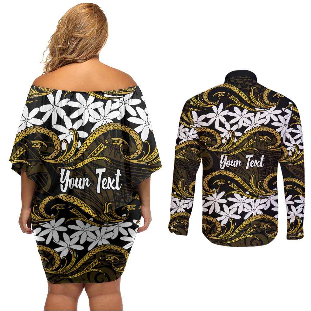 Personalised Cook Islands Manihiki Couples Matching Off Shoulder Short Dress and Long Sleeve Button Shirt Tiare Maori Polynesian Waves Tattoo