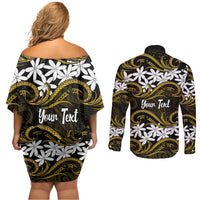 Personalised Cook Islands Manihiki Couples Matching Off Shoulder Short Dress and Long Sleeve Button Shirt Tiare Maori Polynesian Waves Tattoo
