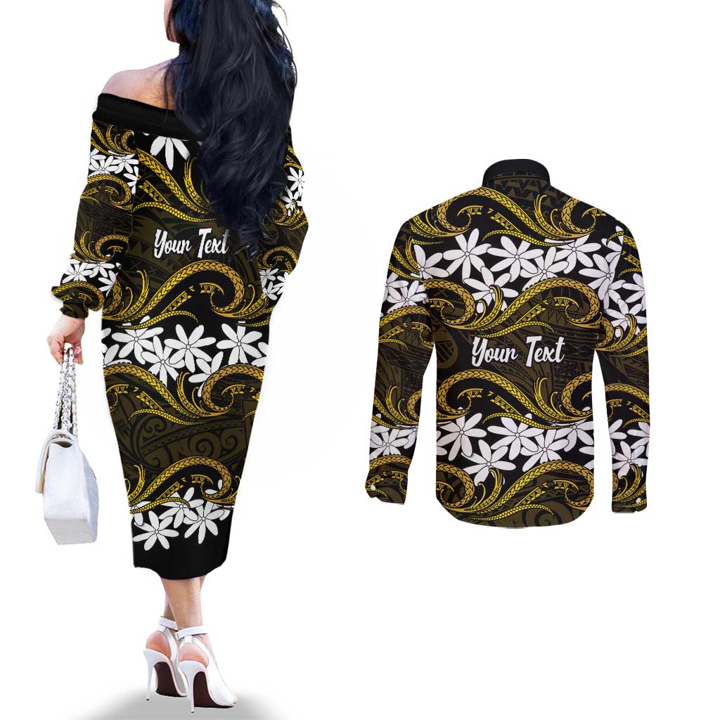 Personalised Cook Islands Manihiki Couples Matching Off The Shoulder Long Sleeve Dress and Long Sleeve Button Shirt Tiare Maori Polynesian Waves Tattoo