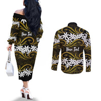 Personalised Cook Islands Manihiki Couples Matching Off The Shoulder Long Sleeve Dress and Long Sleeve Button Shirt Tiare Maori Polynesian Waves Tattoo
