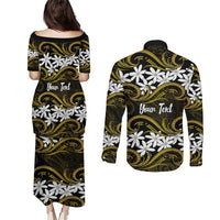 Personalised Cook Islands Manihiki Couples Matching Puletasi and Long Sleeve Button Shirt Tiare Maori Polynesian Waves Tattoo
