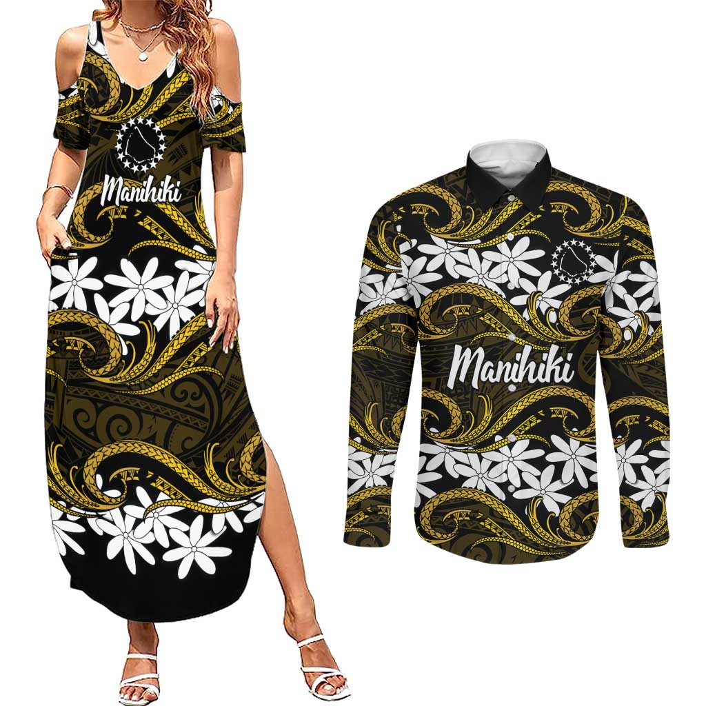 Personalised Cook Islands Manihiki Couples Matching Summer Maxi Dress and Long Sleeve Button Shirt Tiare Maori Polynesian Waves Tattoo