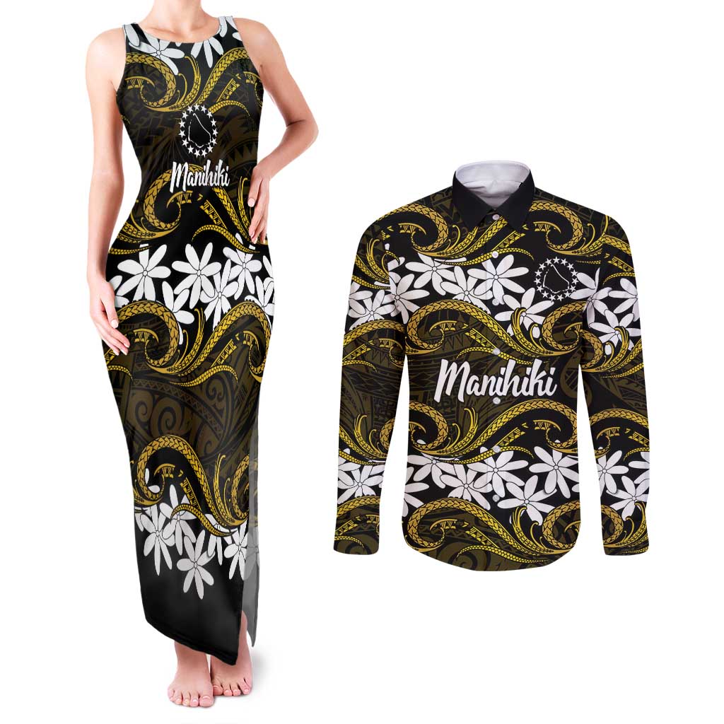 Personalised Cook Islands Manihiki Couples Matching Tank Maxi Dress and Long Sleeve Button Shirt Tiare Maori Polynesian Waves Tattoo