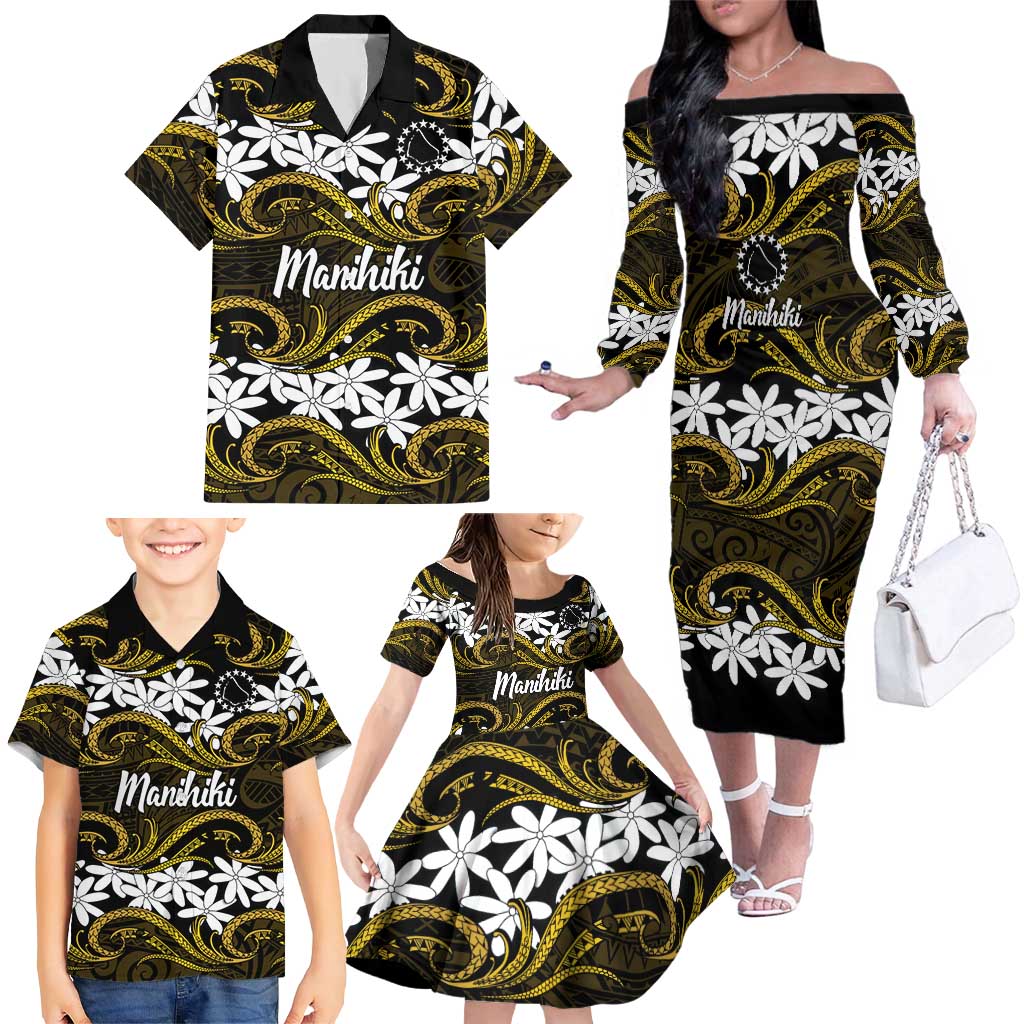 Personalised Cook Islands Manihiki Family Matching Off The Shoulder Long Sleeve Dress and Hawaiian Shirt Tiare Maori Polynesian Waves Tattoo