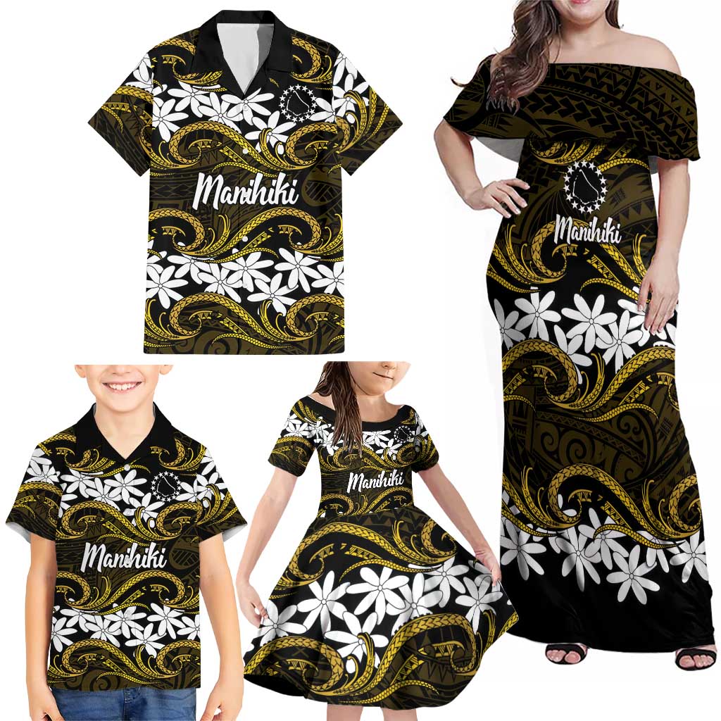 Personalised Cook Islands Manihiki Family Matching Off Shoulder Maxi Dress and Hawaiian Shirt Tiare Maori Polynesian Waves Tattoo