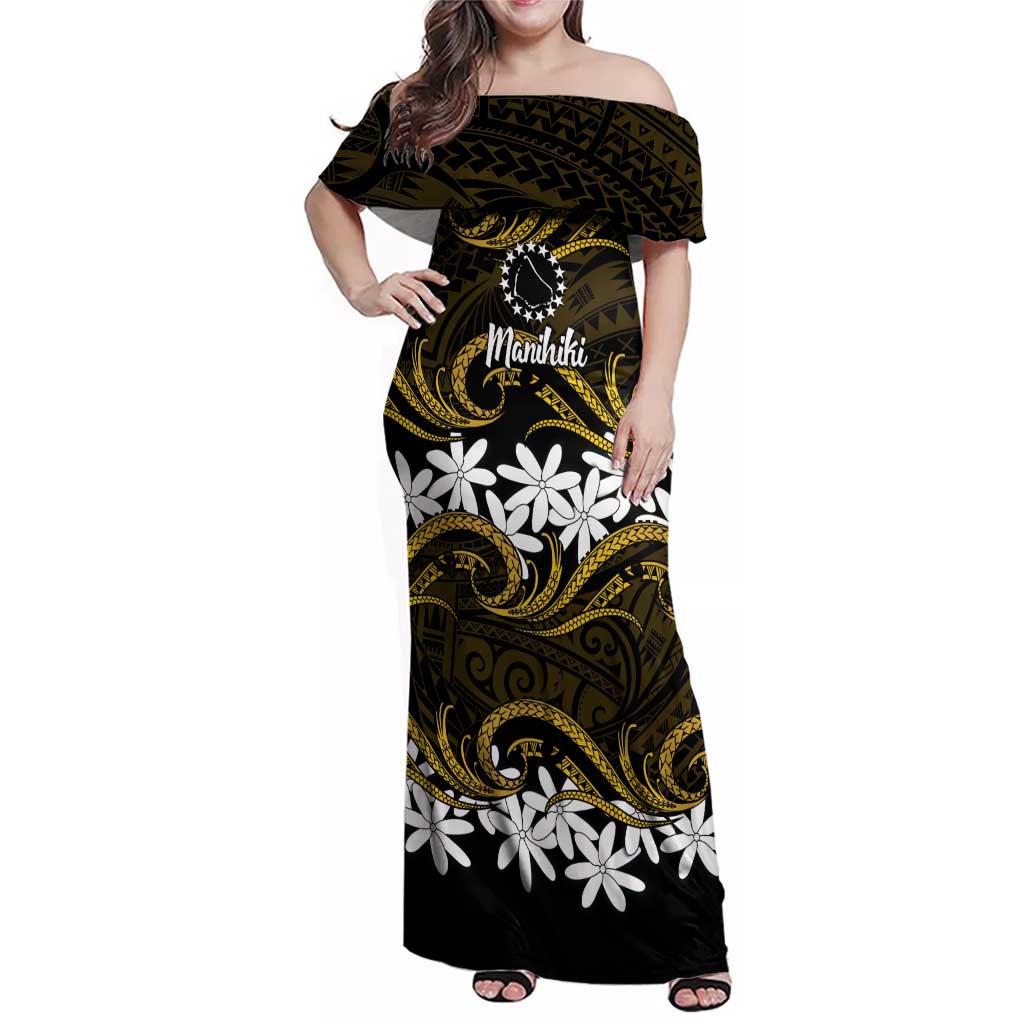 Personalised Cook Islands Manihiki Family Matching Off Shoulder Maxi Dress and Hawaiian Shirt Tiare Maori Polynesian Waves Tattoo