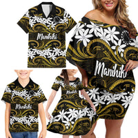 Personalised Cook Islands Manihiki Family Matching Off Shoulder Short Dress and Hawaiian Shirt Tiare Maori Polynesian Waves Tattoo