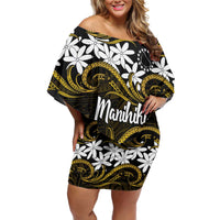 Personalised Cook Islands Manihiki Family Matching Off Shoulder Short Dress and Hawaiian Shirt Tiare Maori Polynesian Waves Tattoo