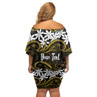 Personalised Cook Islands Manihiki Family Matching Off Shoulder Short Dress and Hawaiian Shirt Tiare Maori Polynesian Waves Tattoo