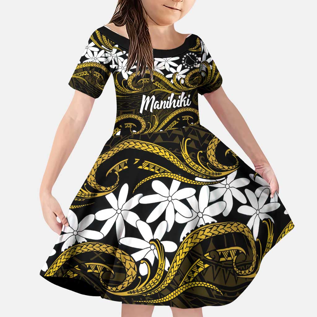 Personalised Cook Islands Manihiki Family Matching Short Sleeve Bodycon Dress and Hawaiian Shirt Tiare Maori Polynesian Waves Tattoo LT14 Daughter's Dress Gold - Polynesian Pride