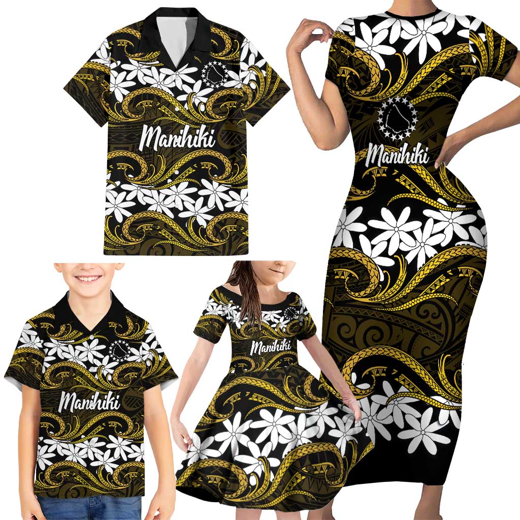 Personalised Cook Islands Manihiki Family Matching Short Sleeve Bodycon Dress and Hawaiian Shirt Tiare Maori Polynesian Waves Tattoo LT14 - Polynesian Pride
