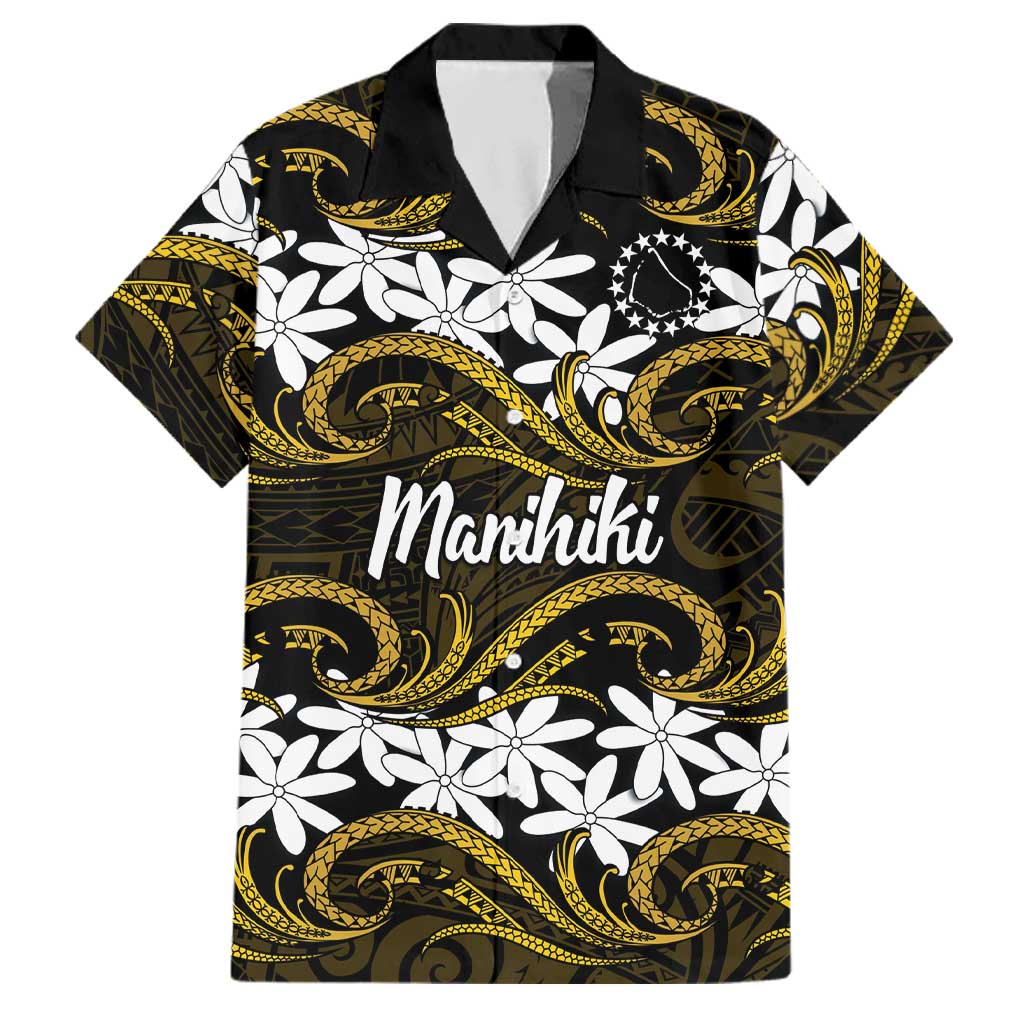 Personalised Cook Islands Manihiki Family Matching Short Sleeve Bodycon Dress and Hawaiian Shirt Tiare Maori Polynesian Waves Tattoo LT14 Dad's Shirt - Short Sleeve Gold - Polynesian Pride