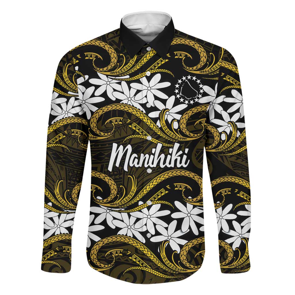 Personalised Cook Islands Manihiki Family Matching Short Sleeve Bodycon Dress and Hawaiian Shirt Tiare Maori Polynesian Waves Tattoo LT14 Dad's Shirt - Long Sleeve Gold - Polynesian Pride