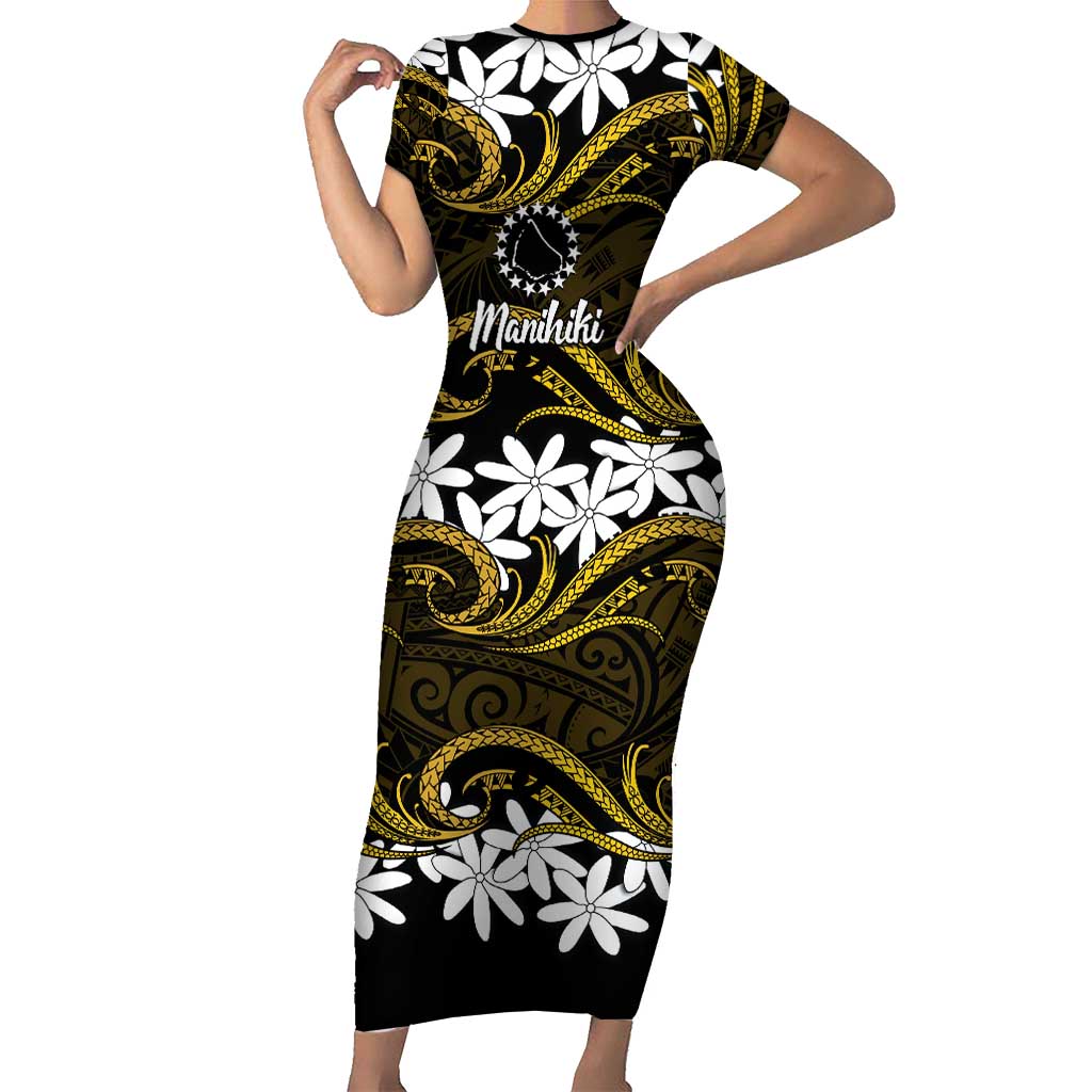 Personalised Cook Islands Manihiki Family Matching Short Sleeve Bodycon Dress and Hawaiian Shirt Tiare Maori Polynesian Waves Tattoo LT14 Mom's Dress Gold - Polynesian Pride
