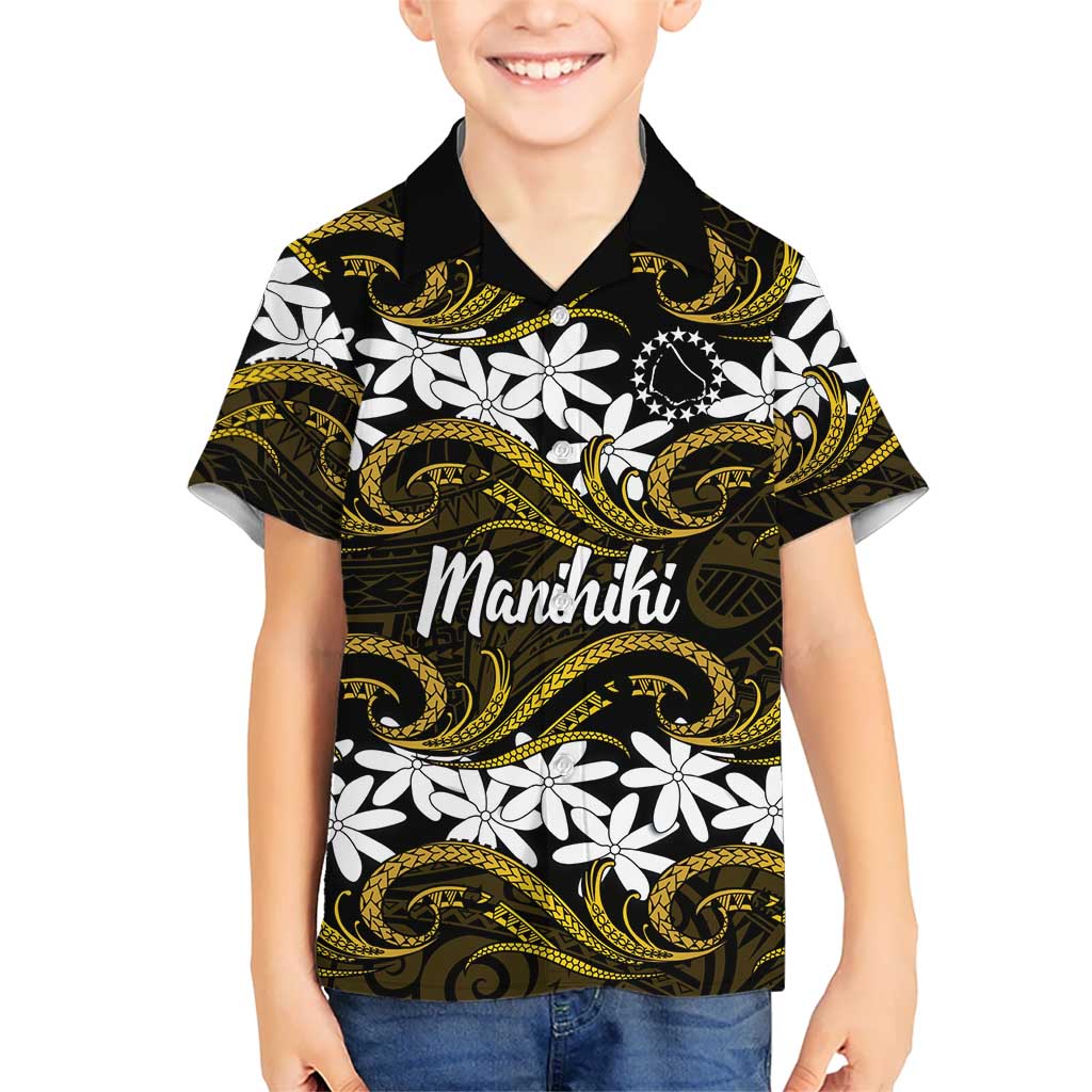 Personalised Cook Islands Manihiki Family Matching Short Sleeve Bodycon Dress and Hawaiian Shirt Tiare Maori Polynesian Waves Tattoo LT14 Son's Shirt Gold - Polynesian Pride