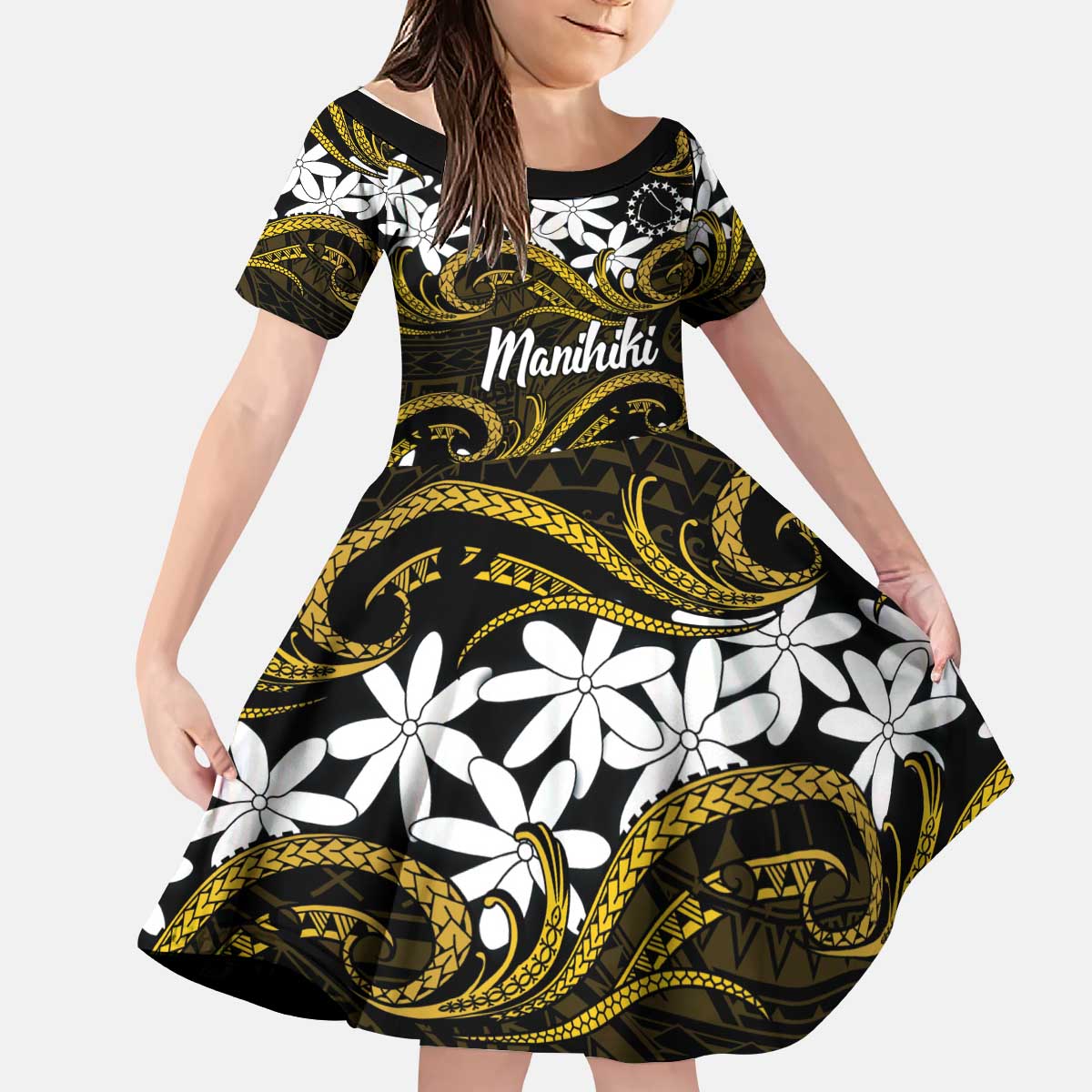 Personalised Cook Islands Manihiki Kid Short Sleeve Dress Tiare Maori Polynesian Waves Tattoo