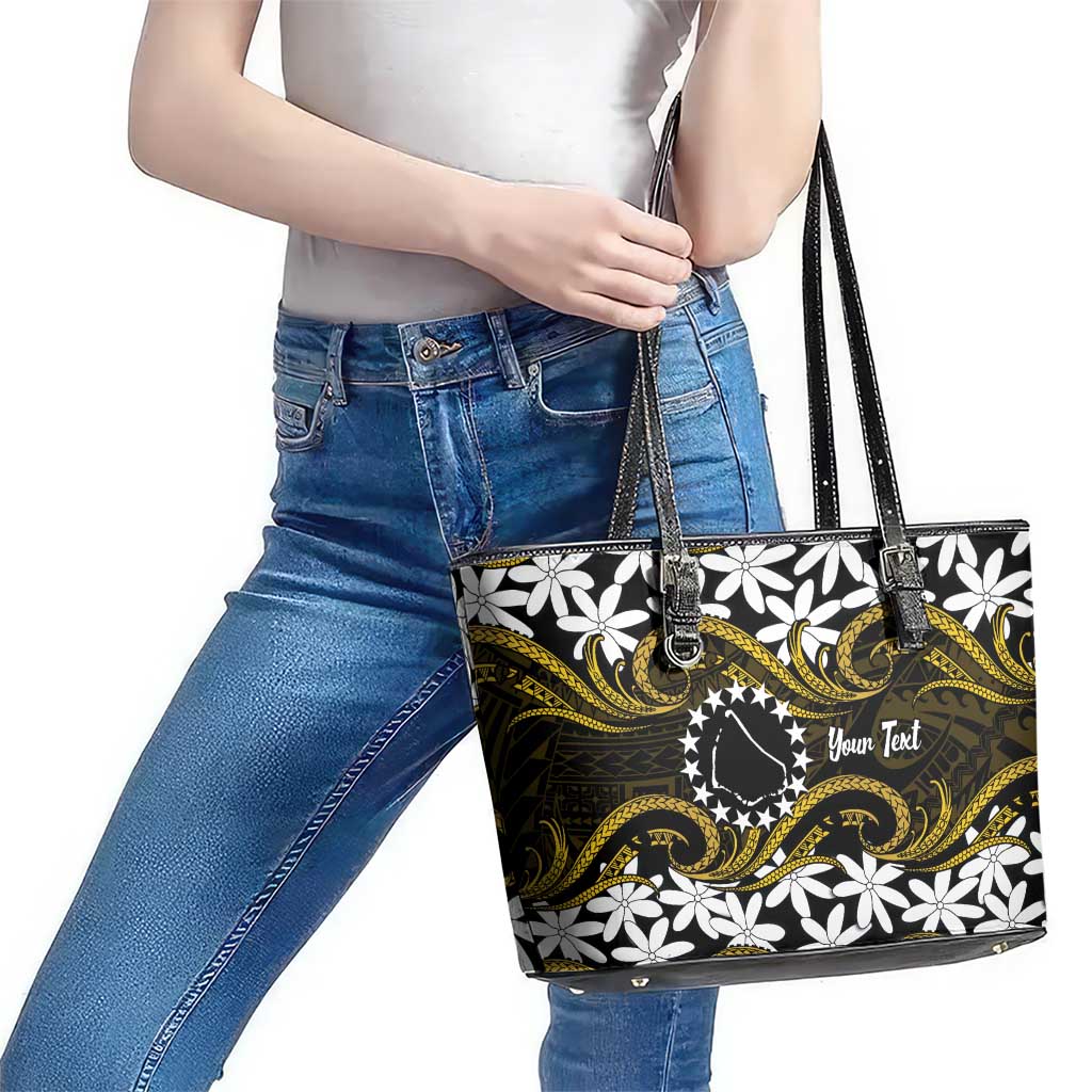Personalised Cook Islands Manihiki Leather Tote Bag Tiare Maori Polynesian Waves Tattoo