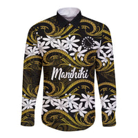 Personalised Cook Islands Manihiki Long Sleeve Button Shirt Tiare Maori Polynesian Waves Tattoo