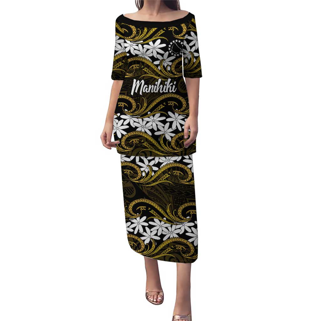 Personalised Cook Islands Manihiki Puletasi Tiare Maori Polynesian Waves Tattoo LT14 Long Dress Gold - Polynesian Pride