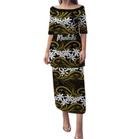 Personalised Cook Islands Manihiki Puletasi Tiare Maori Polynesian Waves Tattoo LT14 Long Dress Gold - Polynesian Pride