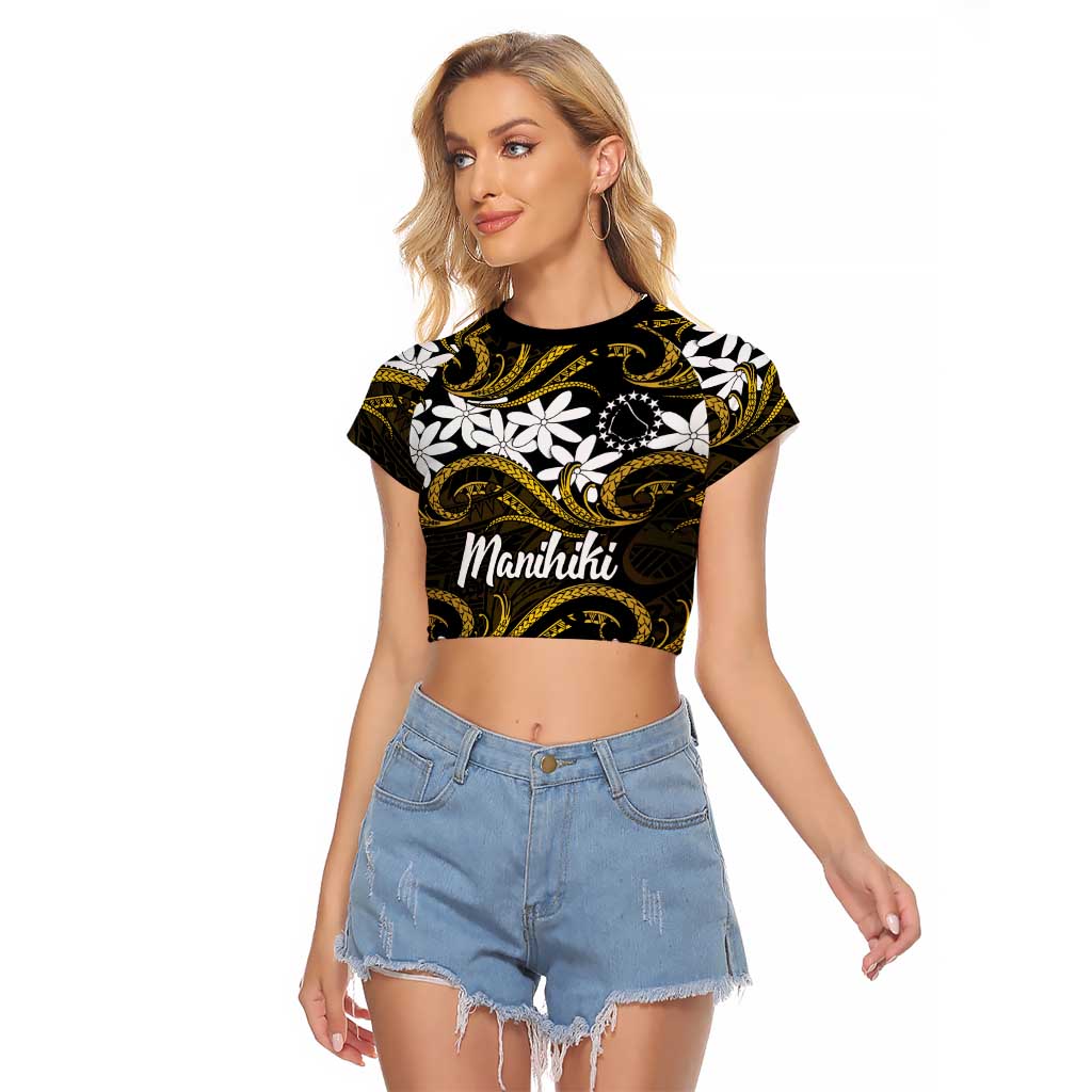 Personalised Cook Islands Manihiki Raglan Cropped T Shirt Tiare Maori Polynesian Waves Tattoo
