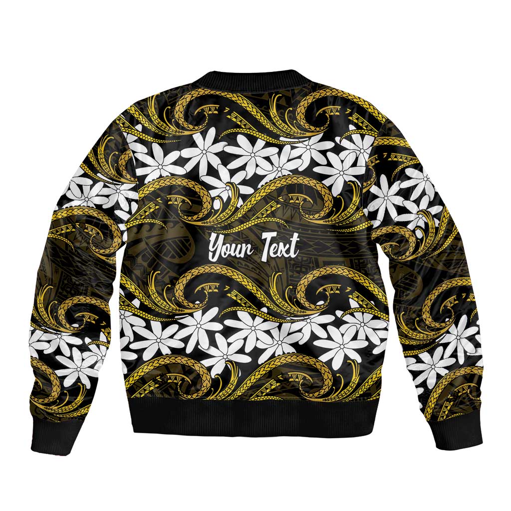 Personalised Cook Islands Manihiki Sleeve Zip Bomber Jacket Tiare Maori Polynesian Waves Tattoo