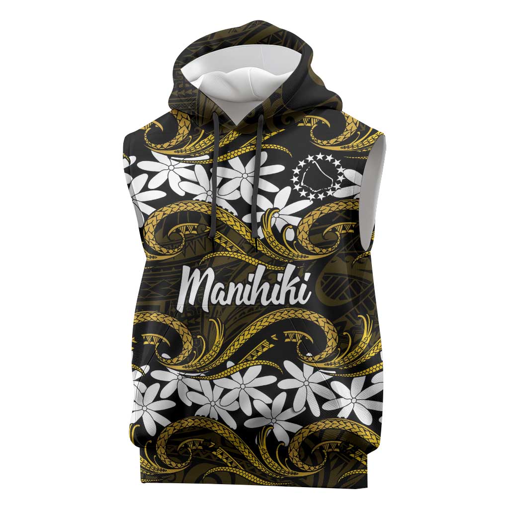 Personalised Cook Islands Manihiki Sleeveless Hoodie Tiare Maori Polynesian Waves Tattoo LT14 Gold - Polynesian Pride