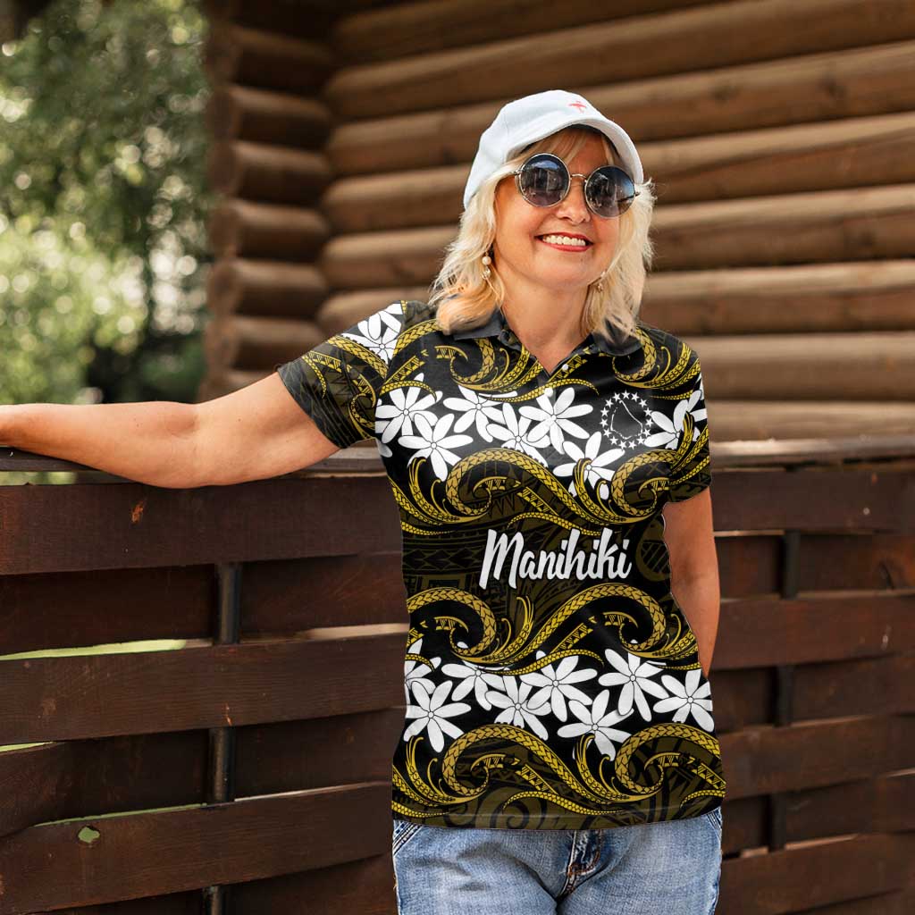 Personalised Cook Islands Manihiki Women Polo Shirt Tiare Maori Polynesian Waves Tattoo