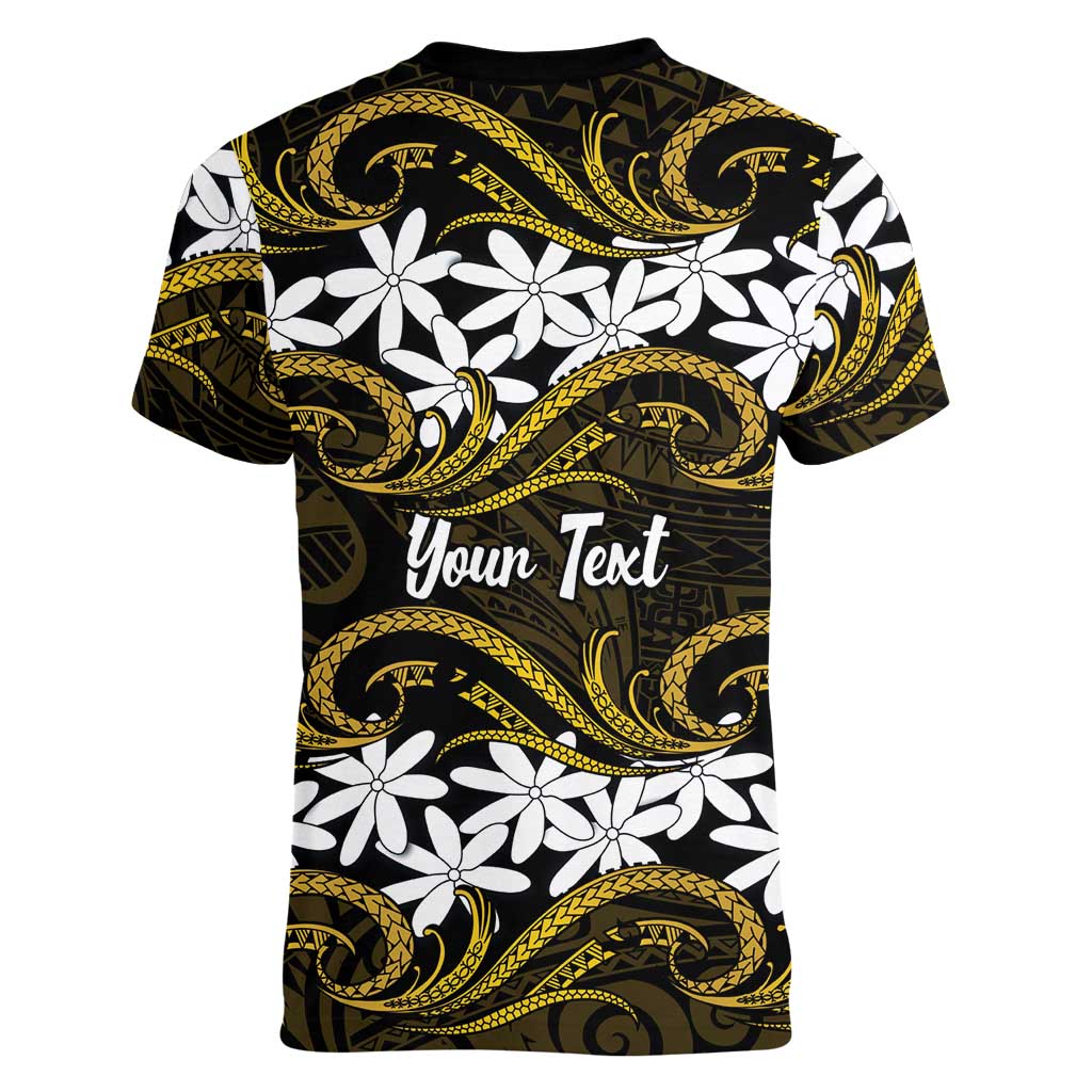 Personalised Cook Islands Manihiki Women V-Neck T-Shirt Tiare Maori Polynesian Waves Tattoo