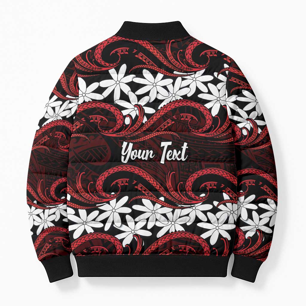 Personalised Cook Islands Atiu Enuamanu Bomber Puffer Jacket Tiare Maori Polynesian Waves Tattoo