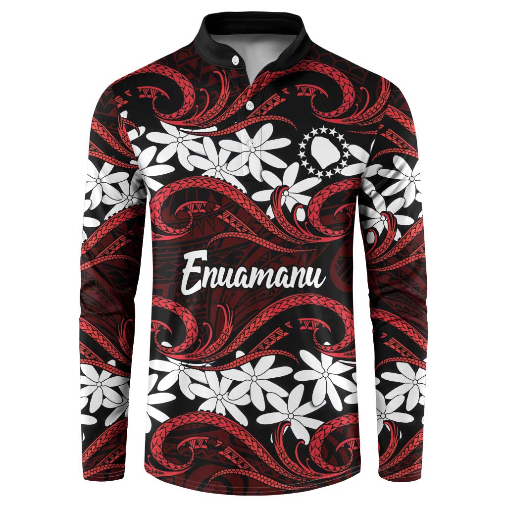 Personalised Cook Islands Atiu Enuamanu Button Sweatshirt Tiare Maori Polynesian Waves Tattoo