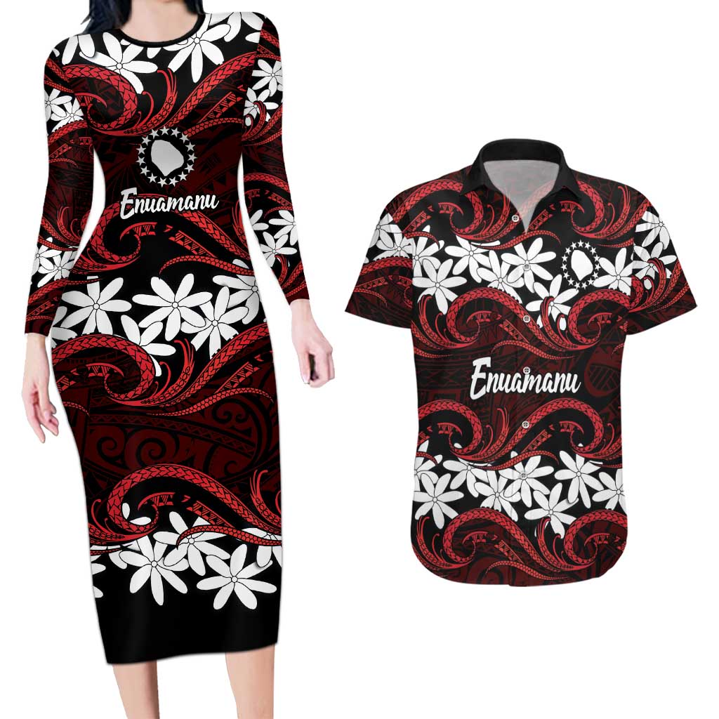 Personalised Cook Islands Atiu Enuamanu Couples Matching Long Sleeve Bodycon Dress and Hawaiian Shirt Tiare Maori Polynesian Waves Tattoo