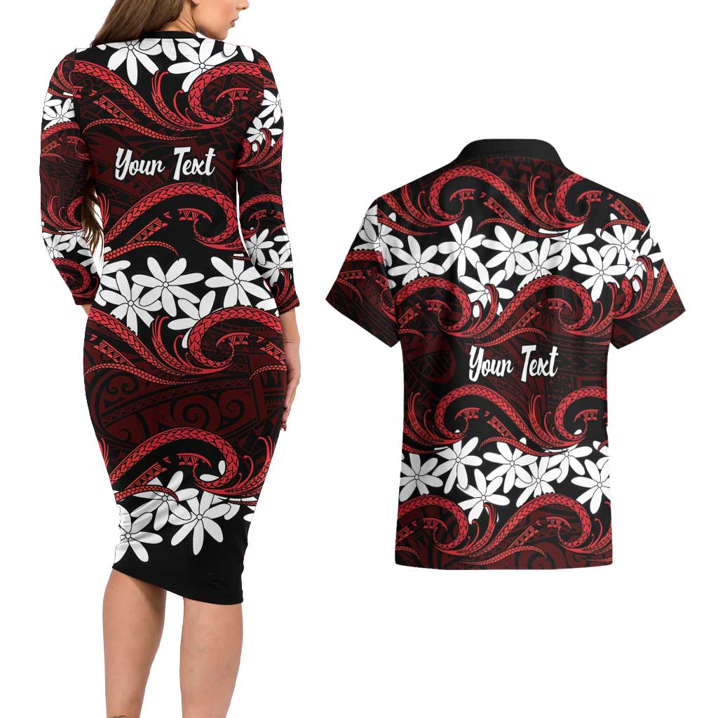 Personalised Cook Islands Atiu Enuamanu Couples Matching Long Sleeve Bodycon Dress and Hawaiian Shirt Tiare Maori Polynesian Waves Tattoo