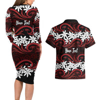Personalised Cook Islands Atiu Enuamanu Couples Matching Long Sleeve Bodycon Dress and Hawaiian Shirt Tiare Maori Polynesian Waves Tattoo