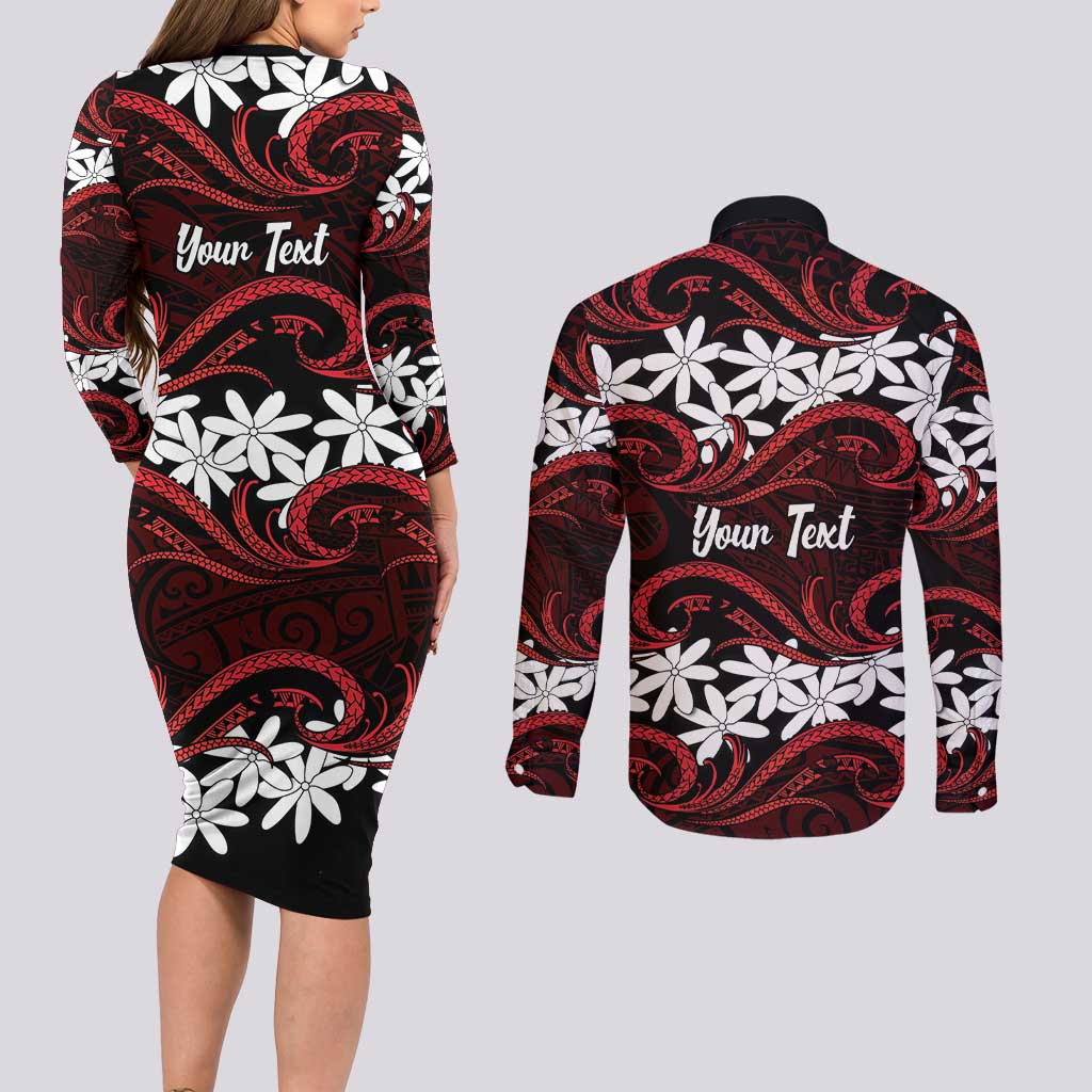 Personalised Cook Islands Atiu Enuamanu Couples Matching Long Sleeve Bodycon Dress and Long Sleeve Button Shirt Tiare Maori Polynesian Waves Tattoo