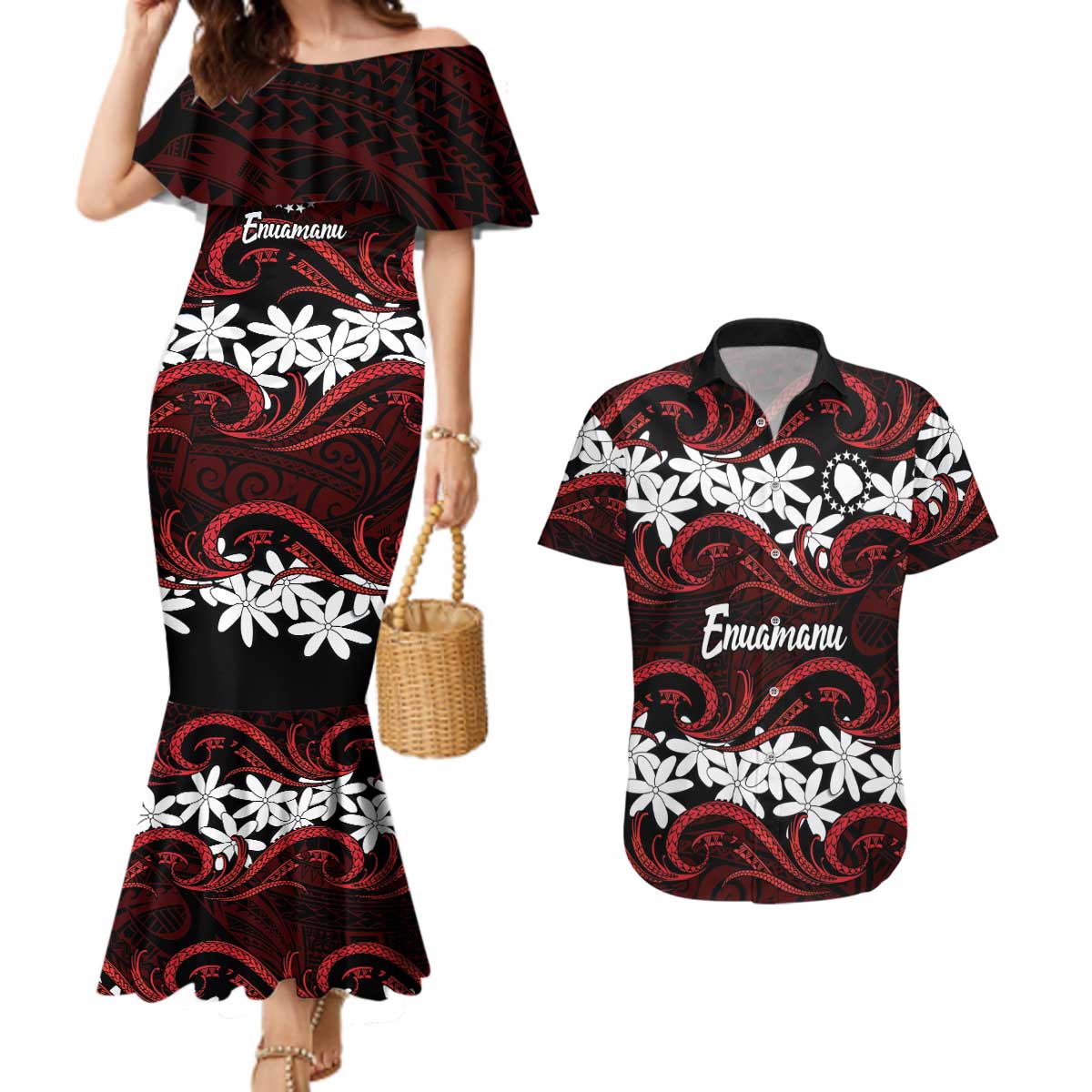 Personalised Cook Islands Atiu Enuamanu Couples Matching Mermaid Dress and Hawaiian Shirt Tiare Maori Polynesian Waves Tattoo